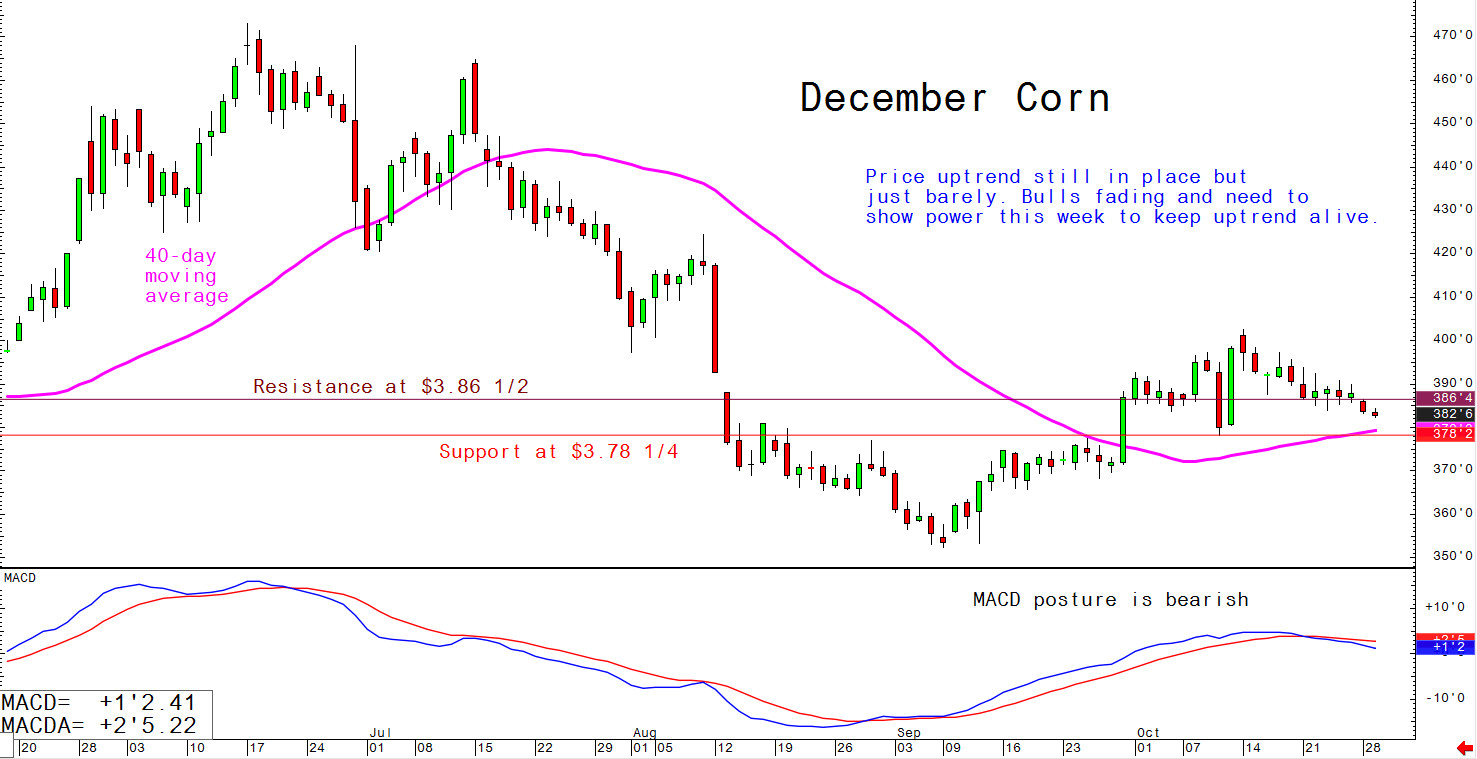 Price uptrend still in place but just barely; bulls fading and need to show power this week to keep uptrend alive