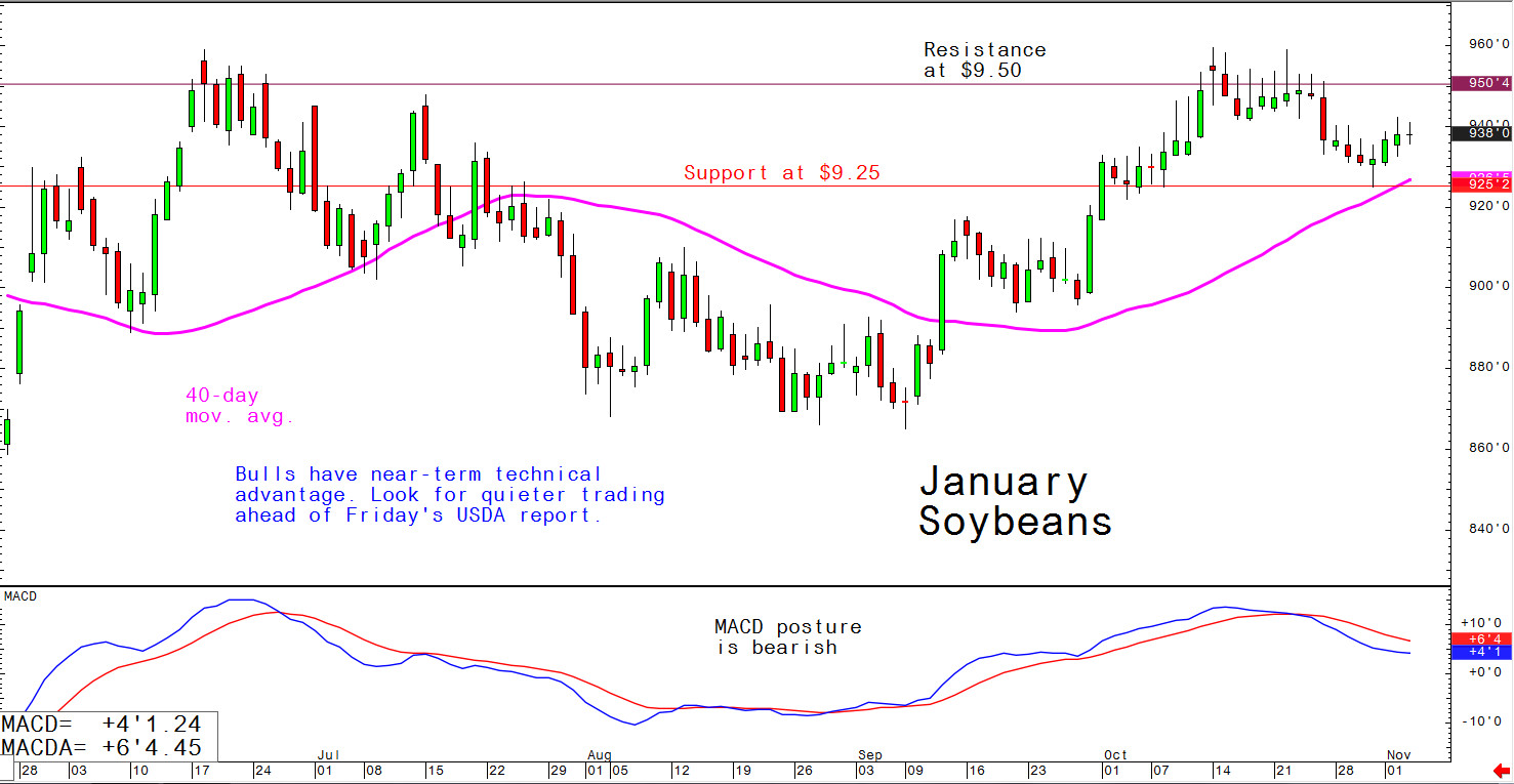 Bulls have near-term technical advantage; look for quieter trading ahead of Friday's USDA report