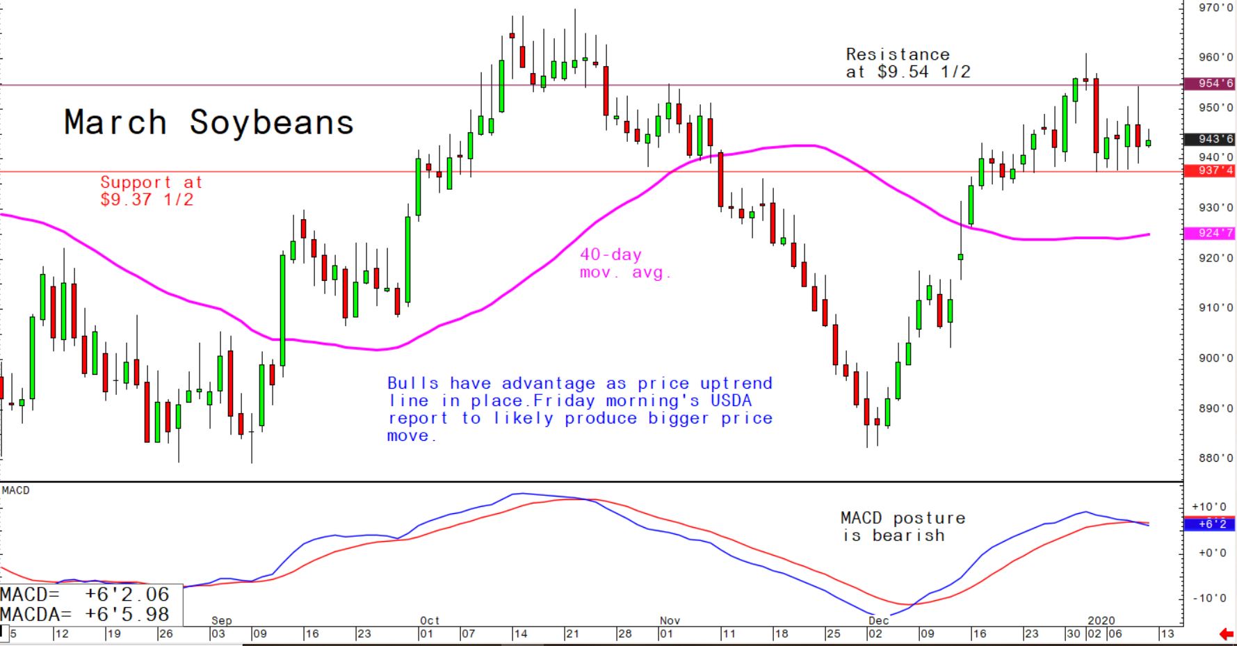 Bulls have advantage as price uptrend line in place; Friday morning's USDA report to likely produce bigger price move