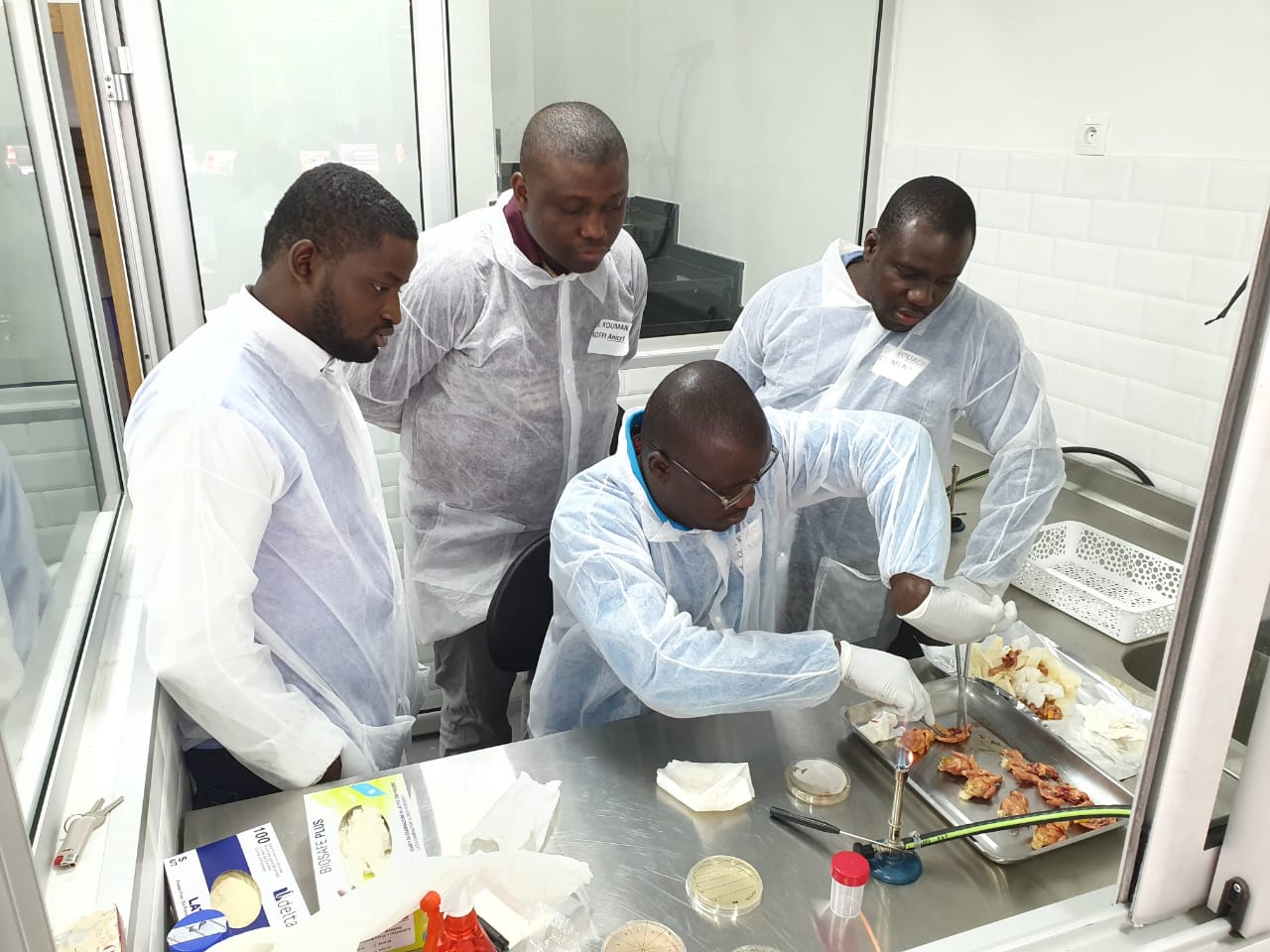 Four men wearing white hazmat suits inspect cooked chicken on a stainless steel counter