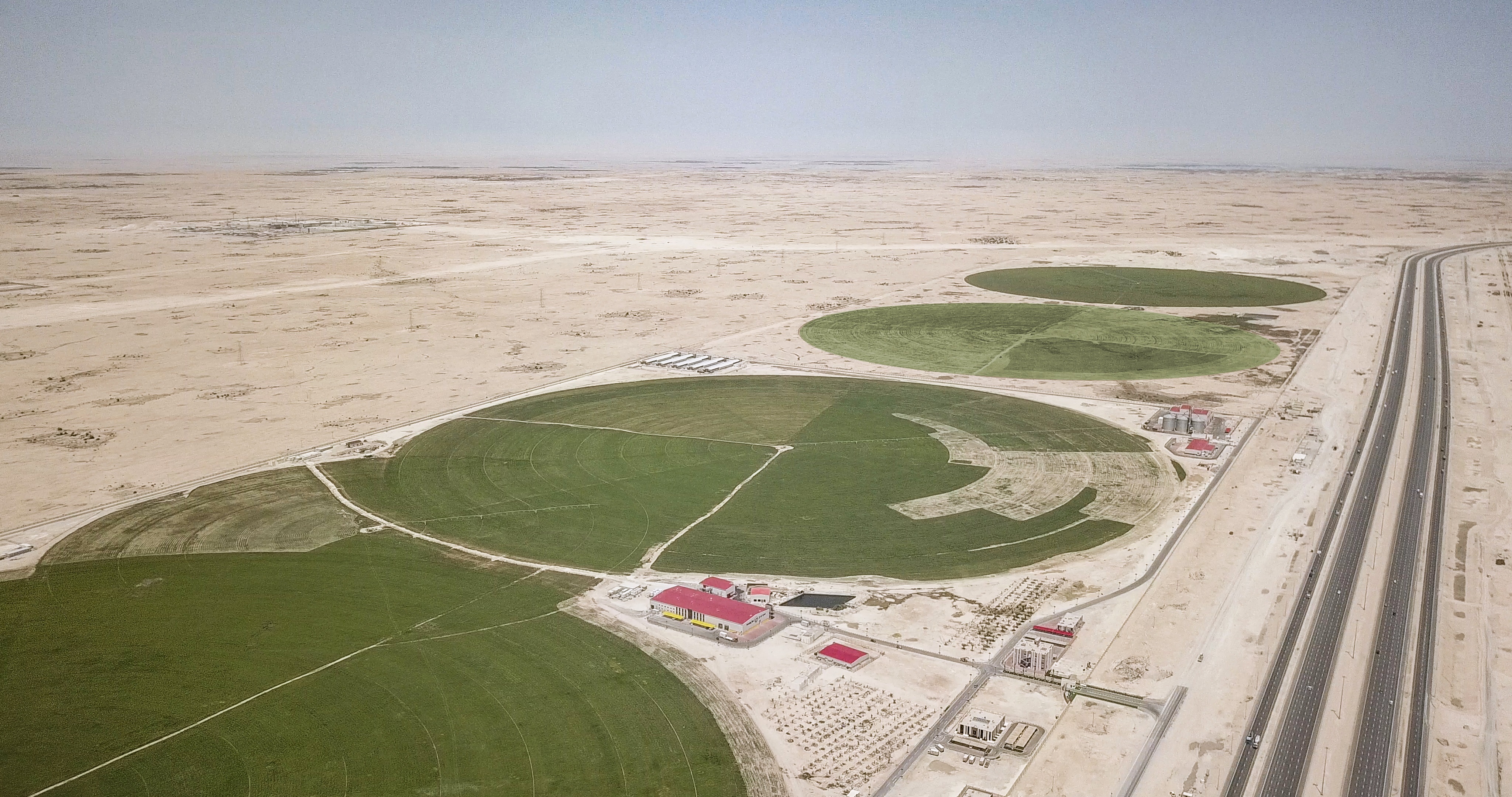 Mazzraty uses treated water to irrigate the desert land surrounding the poultry processing plant in Qatar