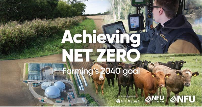 an advertisement showing cows, a man in a tractor, and a farm from birds-eye view with the text "Achieving net zero: farming's 2040 goal"