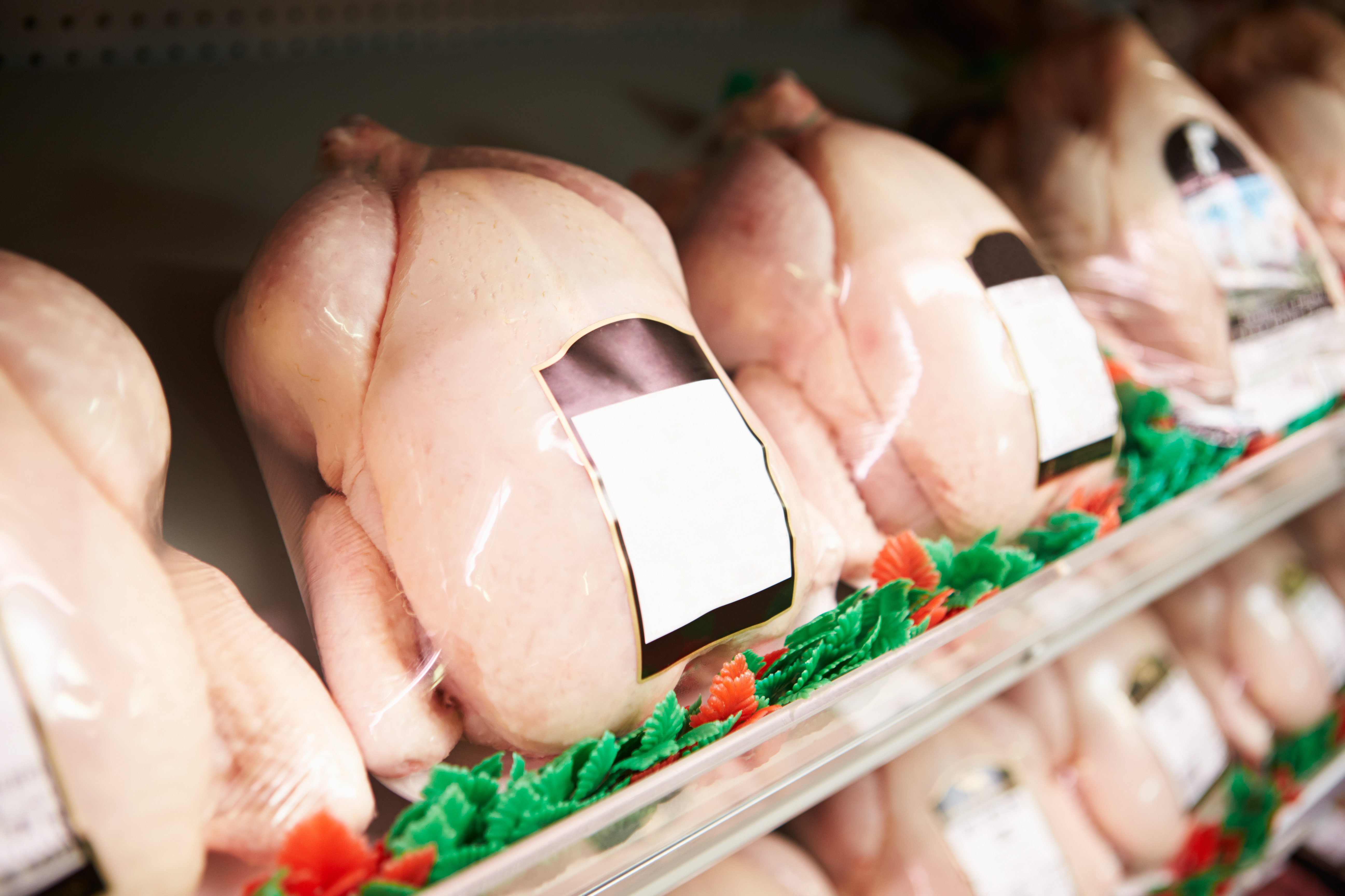 Whole chickens in a refrigerated grocery case