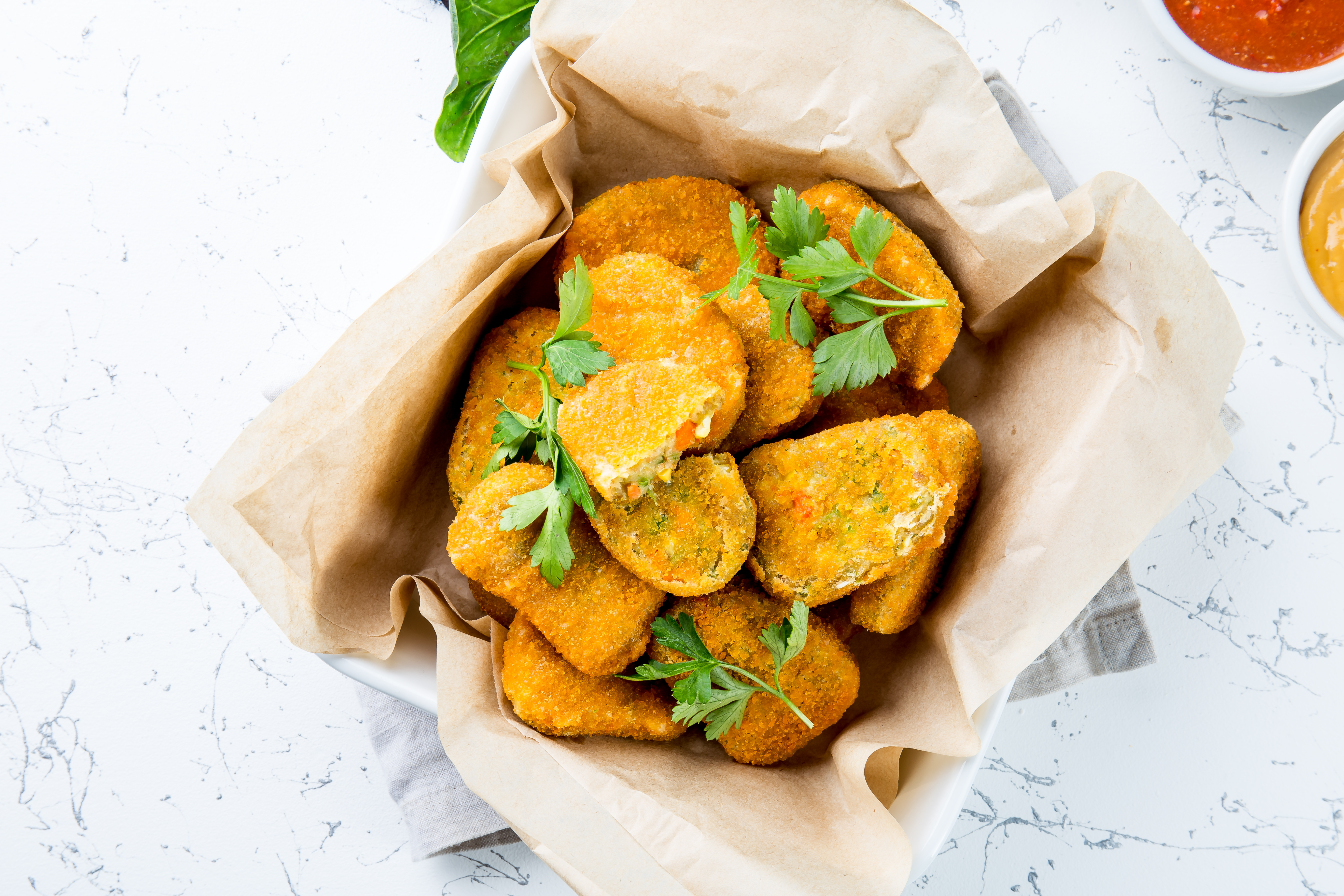 plant-based chicken nuggets in a white bowl