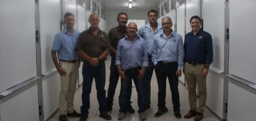 Nico Conroy, marketing director, Hy-Line South Africa (far left); Vincent Sharp (third from right), managing director of Hy-Line South Africa; Joël Audefray, general manager, ELD (second from right) and Dr. Ian Rubinoff, global technical services director (far right) visit the new hatchery with Hy-Line South Africa employees.