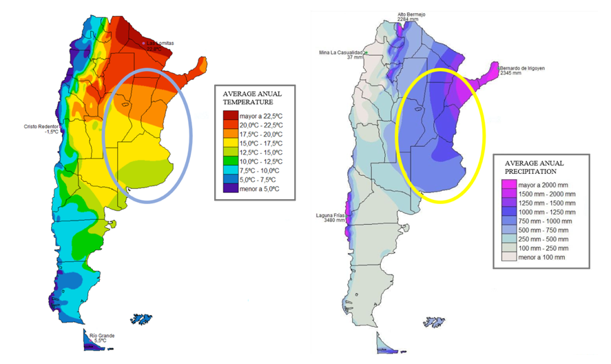 Annual climatic conditions in Argentina (the areas marked with a circle indicate the main poultry-producing areas in the country)