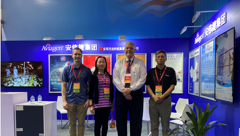 US dignitaries visit Aviagen stand. From left: Mr. Christopher D. Bielecki, PhD, Deputy Director of Beijing Agricultural Trade Office, US Embassy China; Ms. ZHANG Xiu-zhen (Julia); Mr. Jamie Fouss; US Consul General; Mr. Gu Min-qing