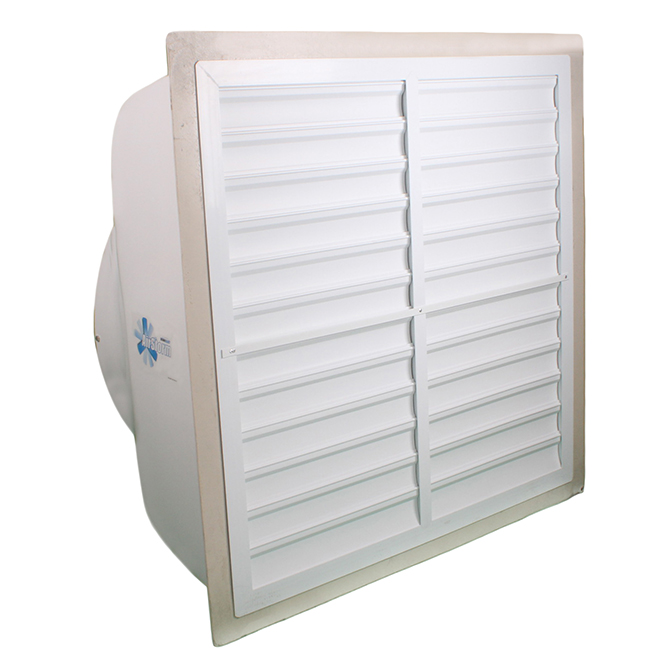 Hog Slat white PVC fan shutter, shown mounted on a 36" AirStorm fan.